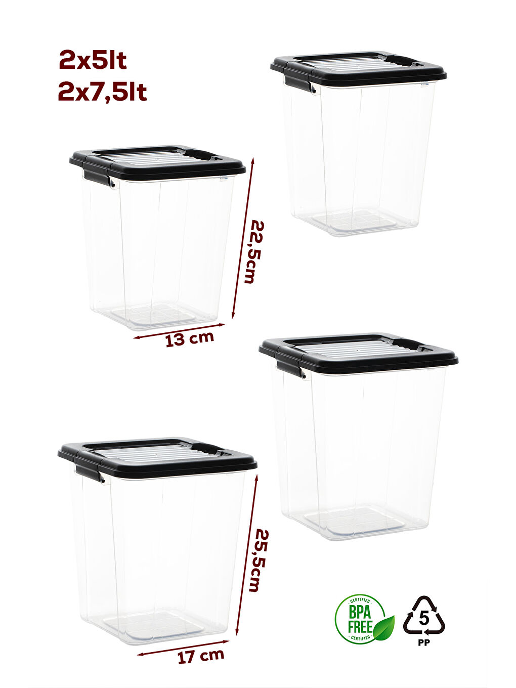 Siyah 4372 4lü Mega Boy Hava Geçirmez Deterjan Saklama Kabı Erzak Saklama Kabı Seti Gri 7,5+5lt-4