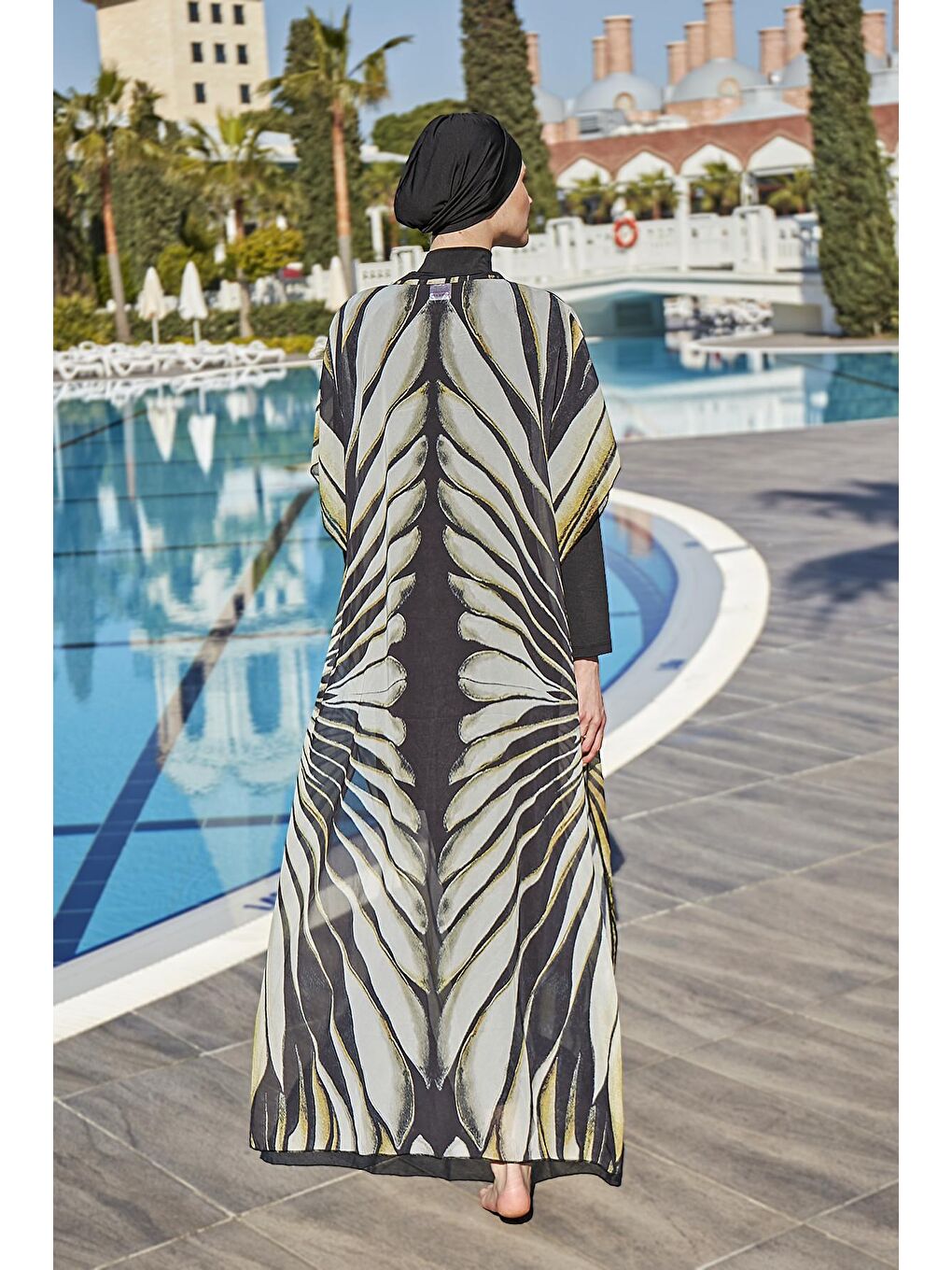 Siyah Tesettür Mayo Üzerine Tasarım Tek Kaftan Pareo RDP004 Kanatlar-4