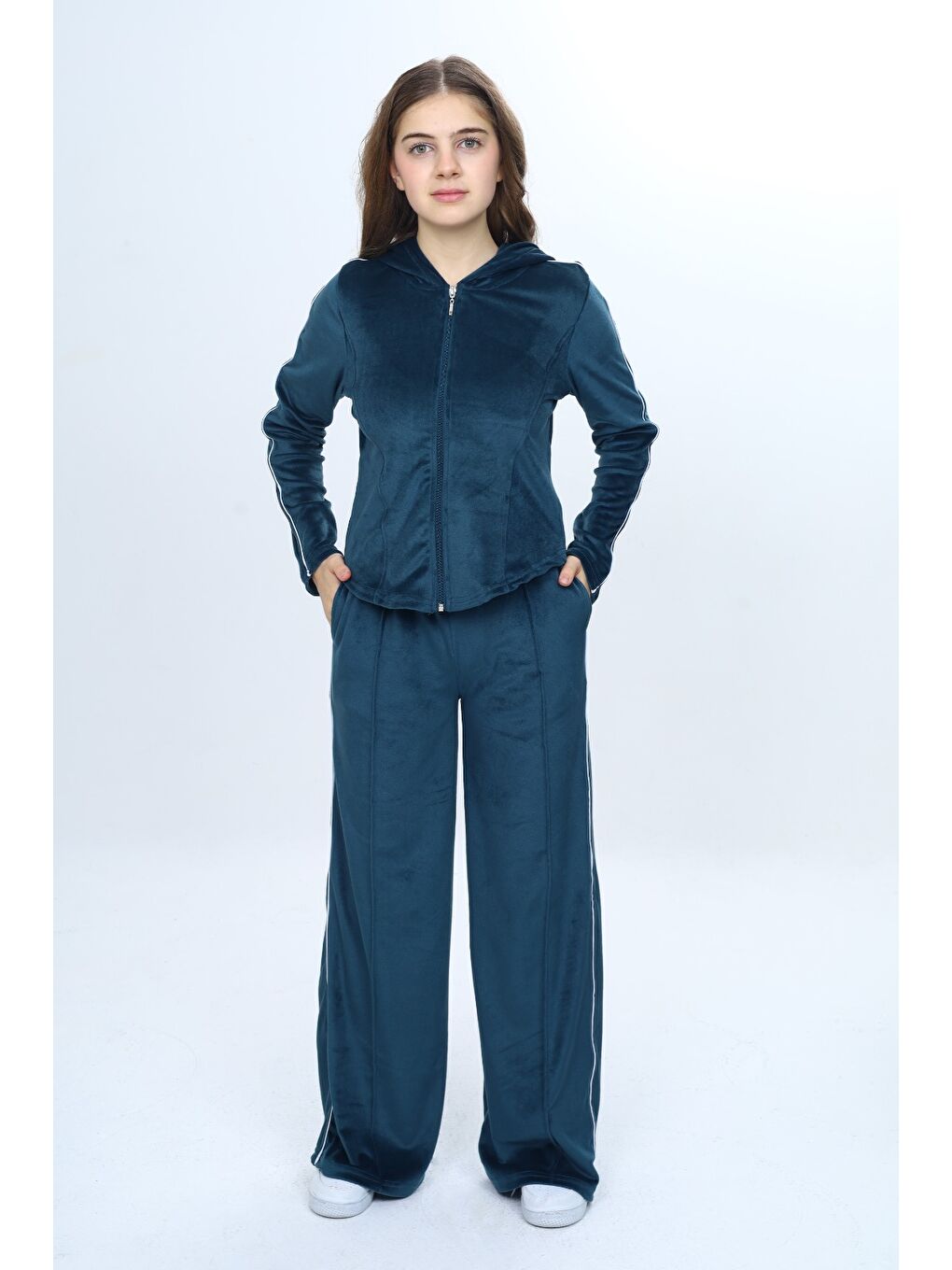 Petrol Kız Çocuk 2'li Takım Fermuarlı Kapüşonlu Cepli Sweatshirt & Beli Lastikli Bol Paça Cepli Eşofman Alt