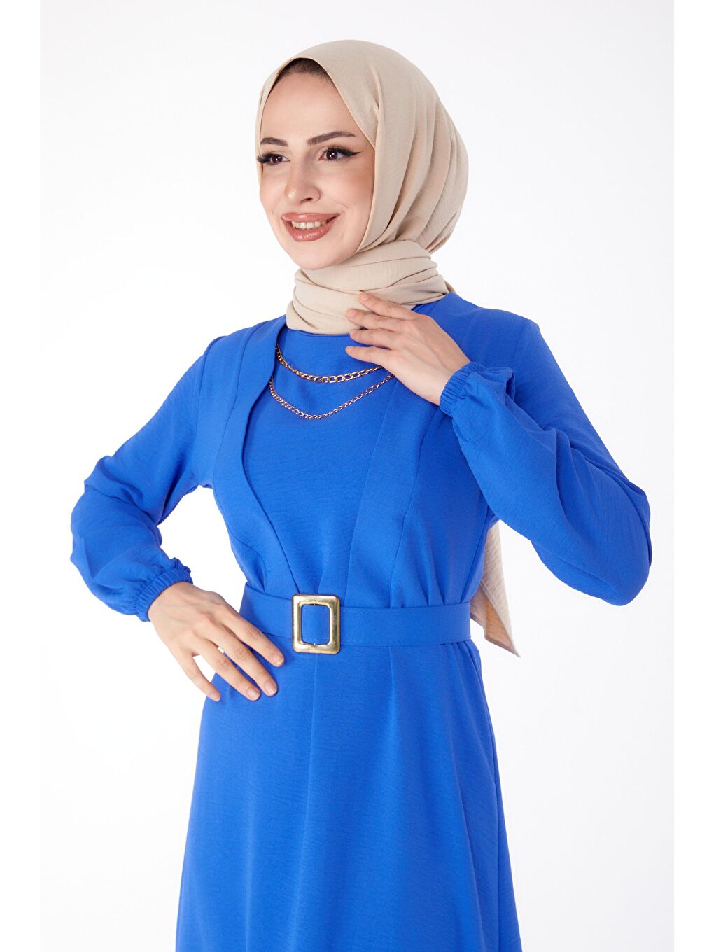 Bisiklet Yaka Kadın Mavi Tesettür Elbise - 25380-2