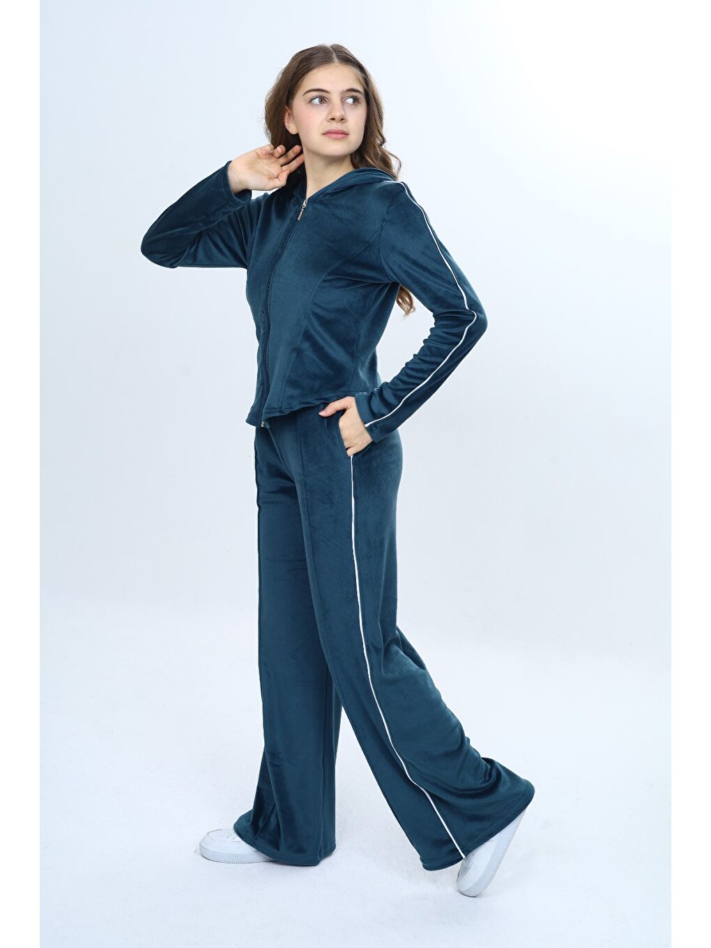 Petrol Kız Çocuk 2'li Takım Fermuarlı Kapüşonlu Cepli Sweatshirt & Beli Lastikli Bol Paça Cepli Eşofman Alt-1