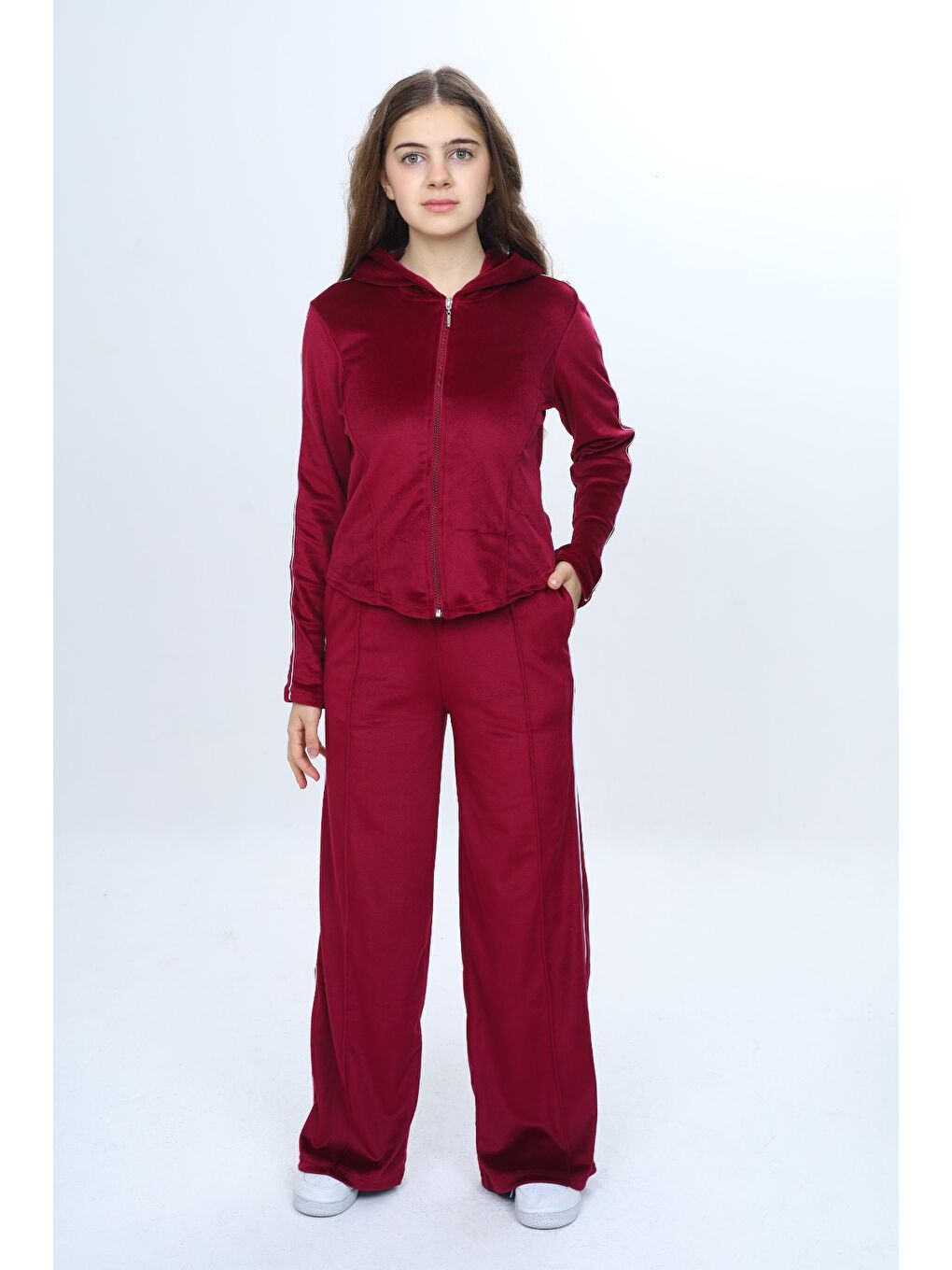 Bordo Kız Çocuk 2'li Takım Fermuarlı Kapüşonlu Cepli Sweatshirt & Beli Lastikli Bol Paça Cepli Eşofman Alt