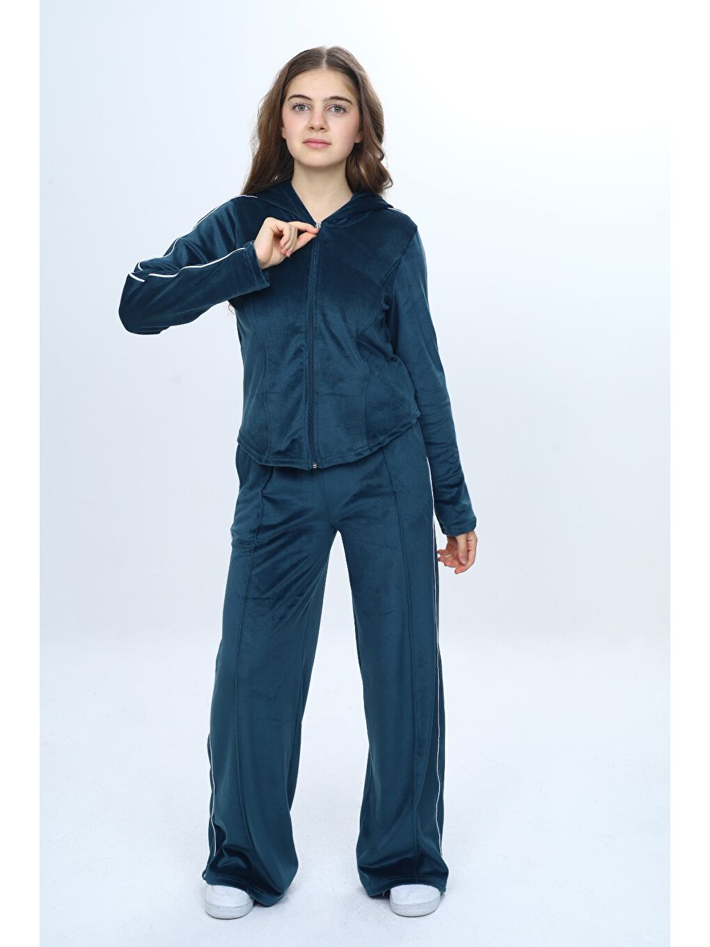 Petrol Kız Çocuk 2'li Takım Fermuarlı Kapüşonlu Cepli Sweatshirt & Beli Lastikli Bol Paça Cepli Eşofman Alt-2