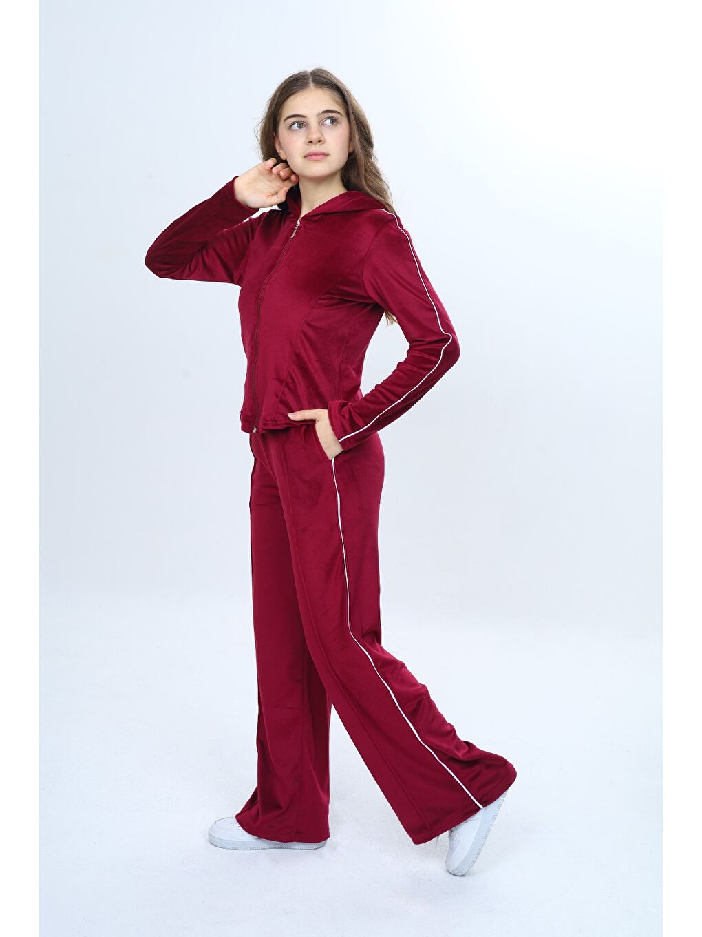 Bordo Kız Çocuk 2'li Takım Fermuarlı Kapüşonlu Cepli Sweatshirt & Beli Lastikli Bol Paça Cepli Eşofman Alt-1