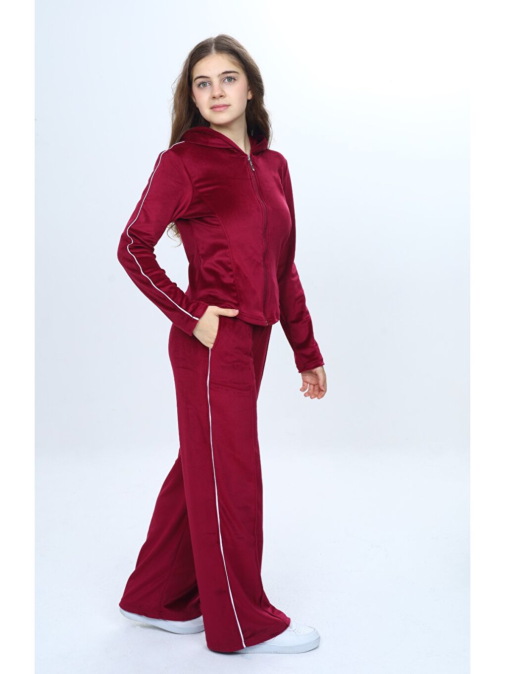 Bordo Kız Çocuk 2'li Takım Fermuarlı Kapüşonlu Cepli Sweatshirt & Beli Lastikli Bol Paça Cepli Eşofman Alt-2