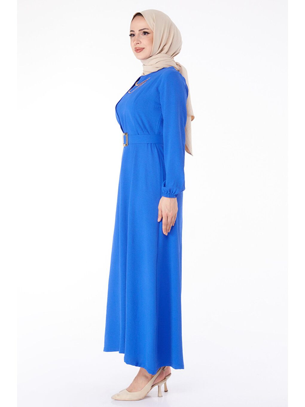 Bisiklet Yaka Kadın Mavi Tesettür Elbise - 25380-3