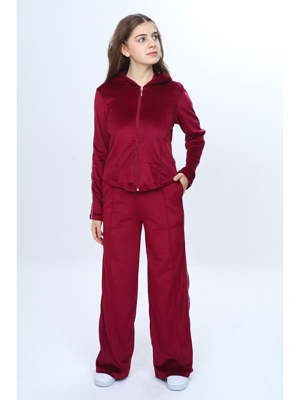 Bordo Kız Çocuk 2'li Takım Fermuarlı Kapüşonlu Cepli Sweatshirt & Beli Lastikli Bol Paça Cepli Eşofman Alt-3