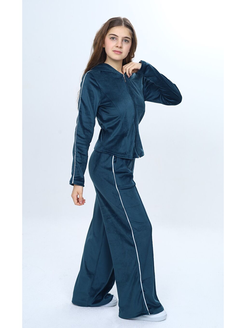 Petrol Kız Çocuk 2'li Takım Fermuarlı Kapüşonlu Cepli Sweatshirt & Beli Lastikli Bol Paça Cepli Eşofman Alt-4