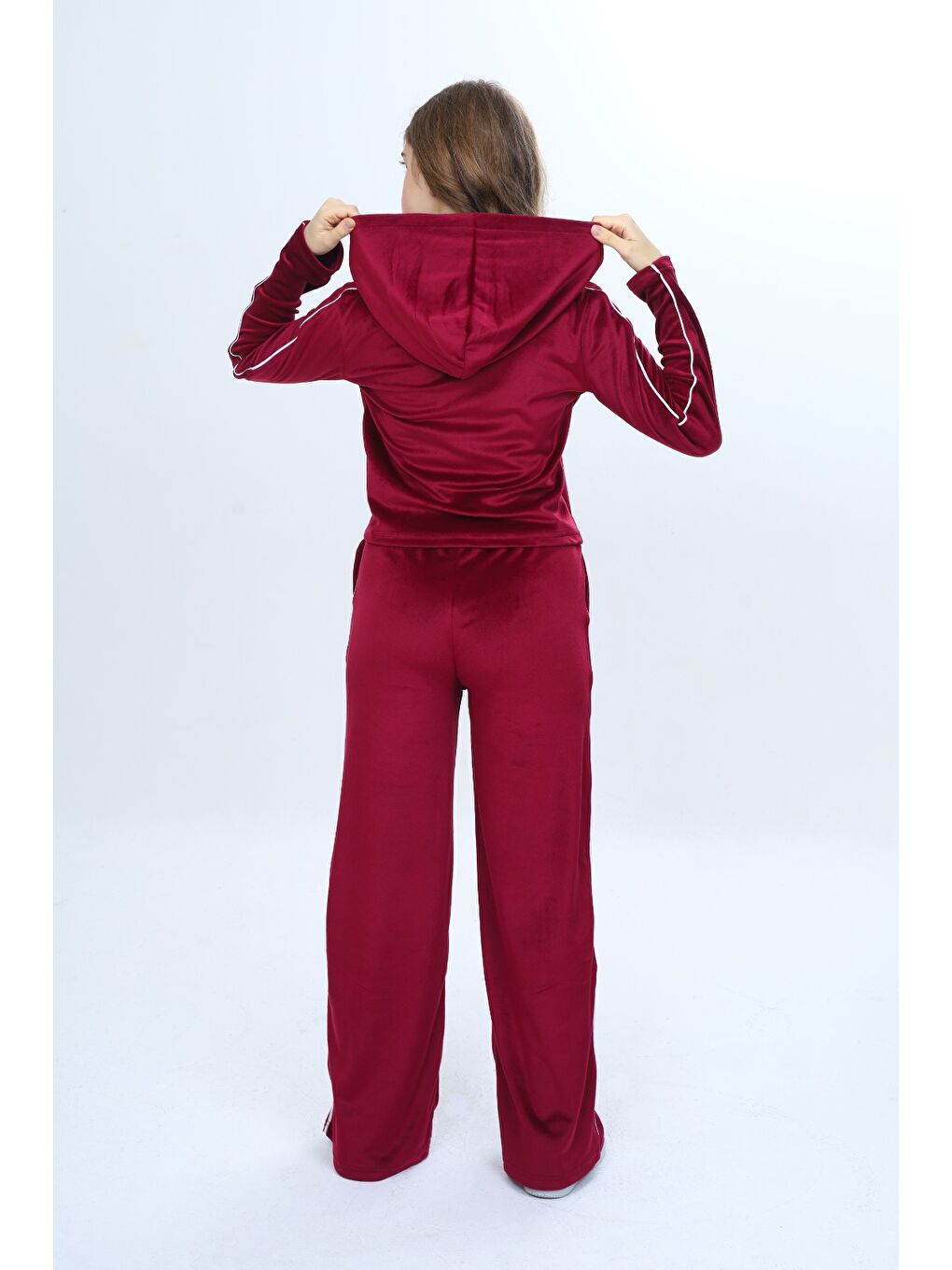 Bordo Kız Çocuk 2'li Takım Fermuarlı Kapüşonlu Cepli Sweatshirt & Beli Lastikli Bol Paça Cepli Eşofman Alt-4