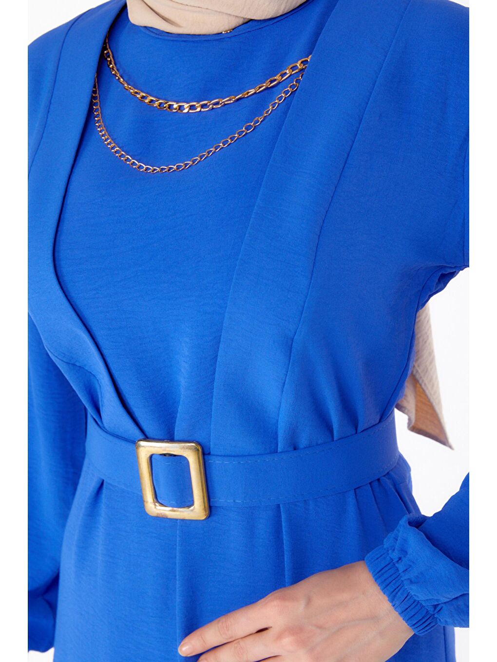 Bisiklet Yaka Kadın Mavi Tesettür Elbise - 25380-5