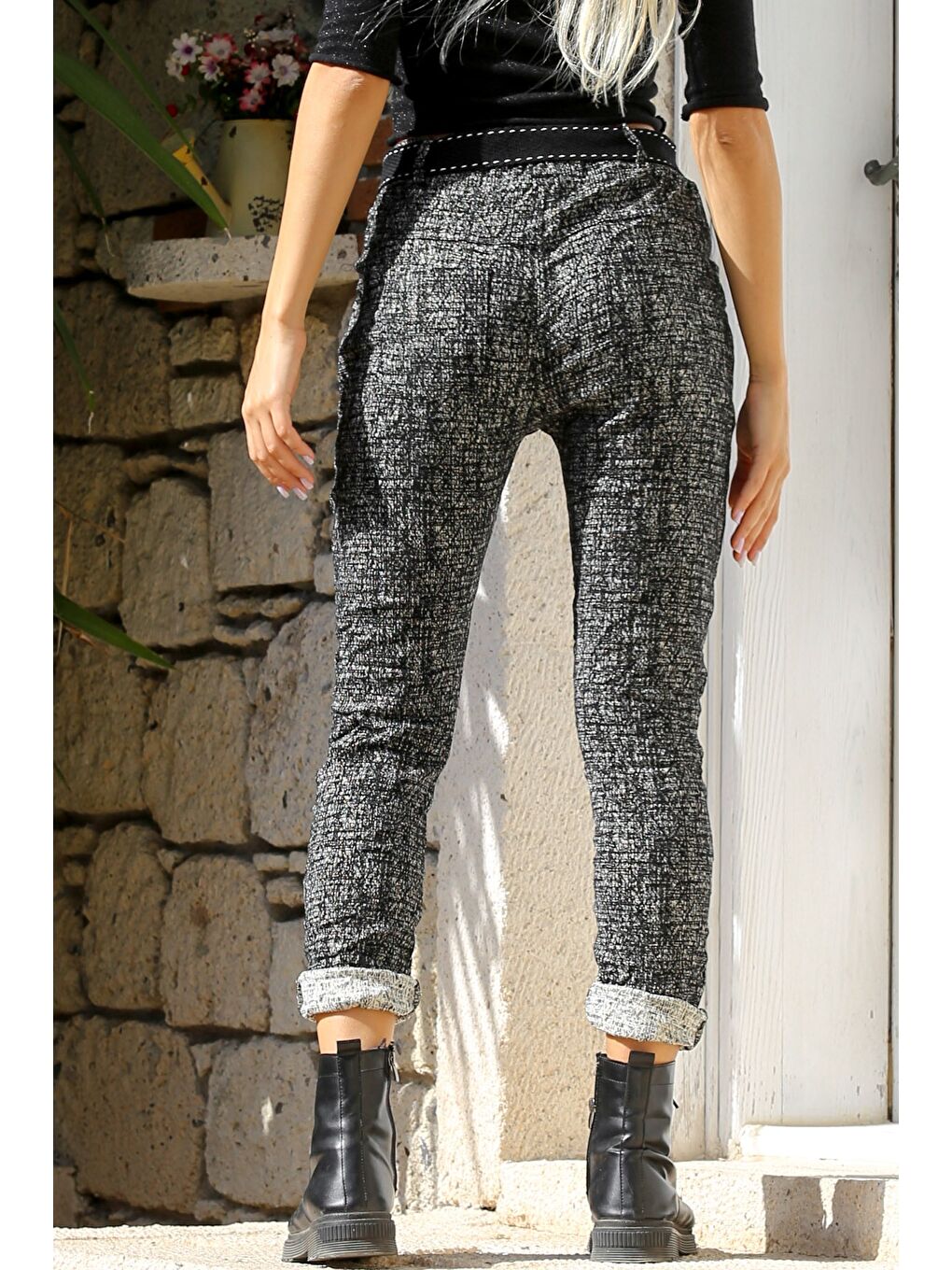 Antrasit Kırçıllı Cepli Dokuma Kemerli Jogger Paça Pantolon-1