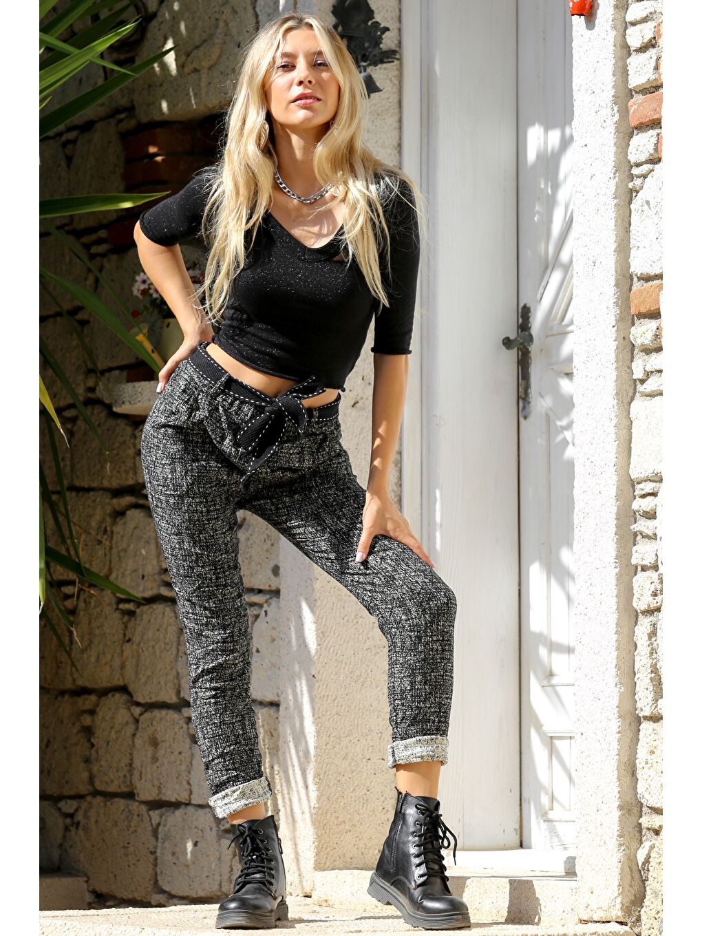 Antrasit Kırçıllı Cepli Dokuma Kemerli Jogger Paça Pantolon-5