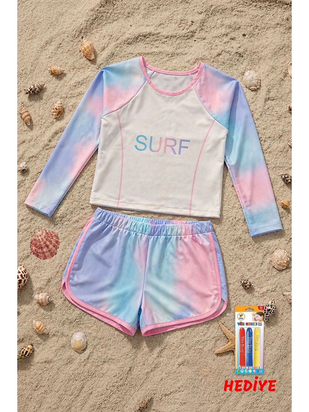 Beyaz Surf Baskılı Renkli Kız Çocuk Uzun Kollu Spor Mayo Takımı-1