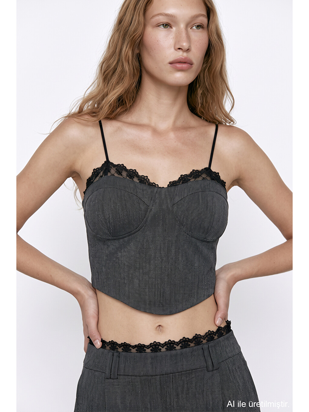 Dantelli Askılı Korse Crop Bluz Antrasit-1