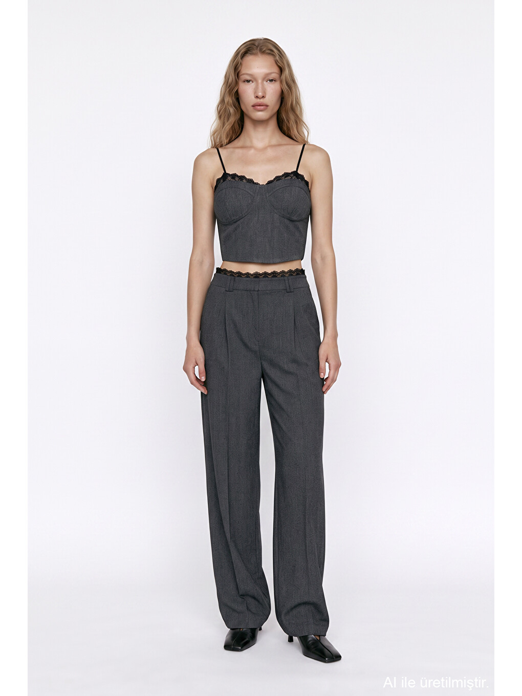 Dantelli Askılı Korse Crop Bluz Antrasit-2