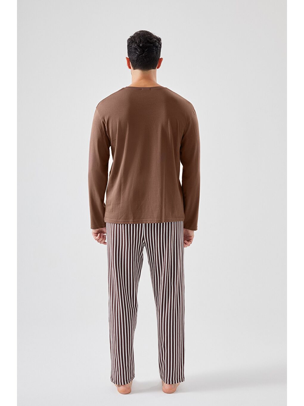 Kahverengi Erkek Pamuklu Uzun Kollu Üst Astronot Baskılı Alt Çizgili Pijama Takımı-3