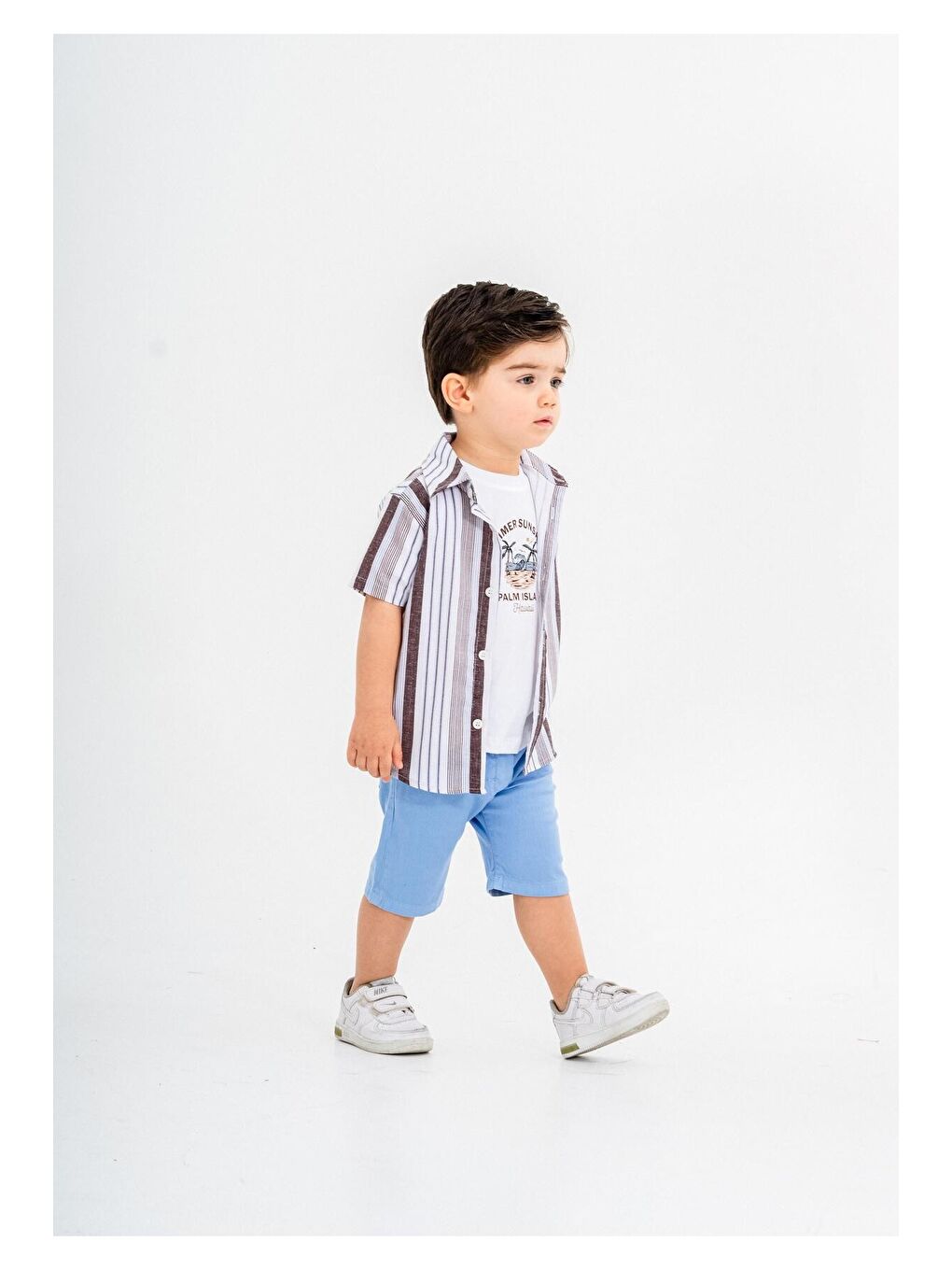 Mavi Tarz Gömlekli Çizgili Belden Ayarlanabilir Kısa Kollu Şortlu 3'lü Takım-1