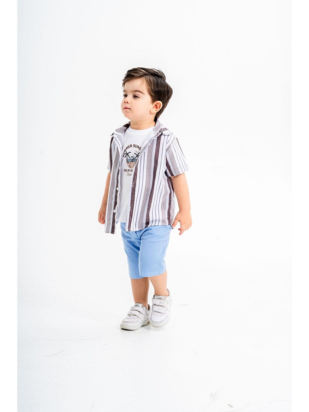 Mavi Tarz Gömlekli Çizgili Belden Ayarlanabilir Kısa Kollu Şortlu 3'lü Takım-2