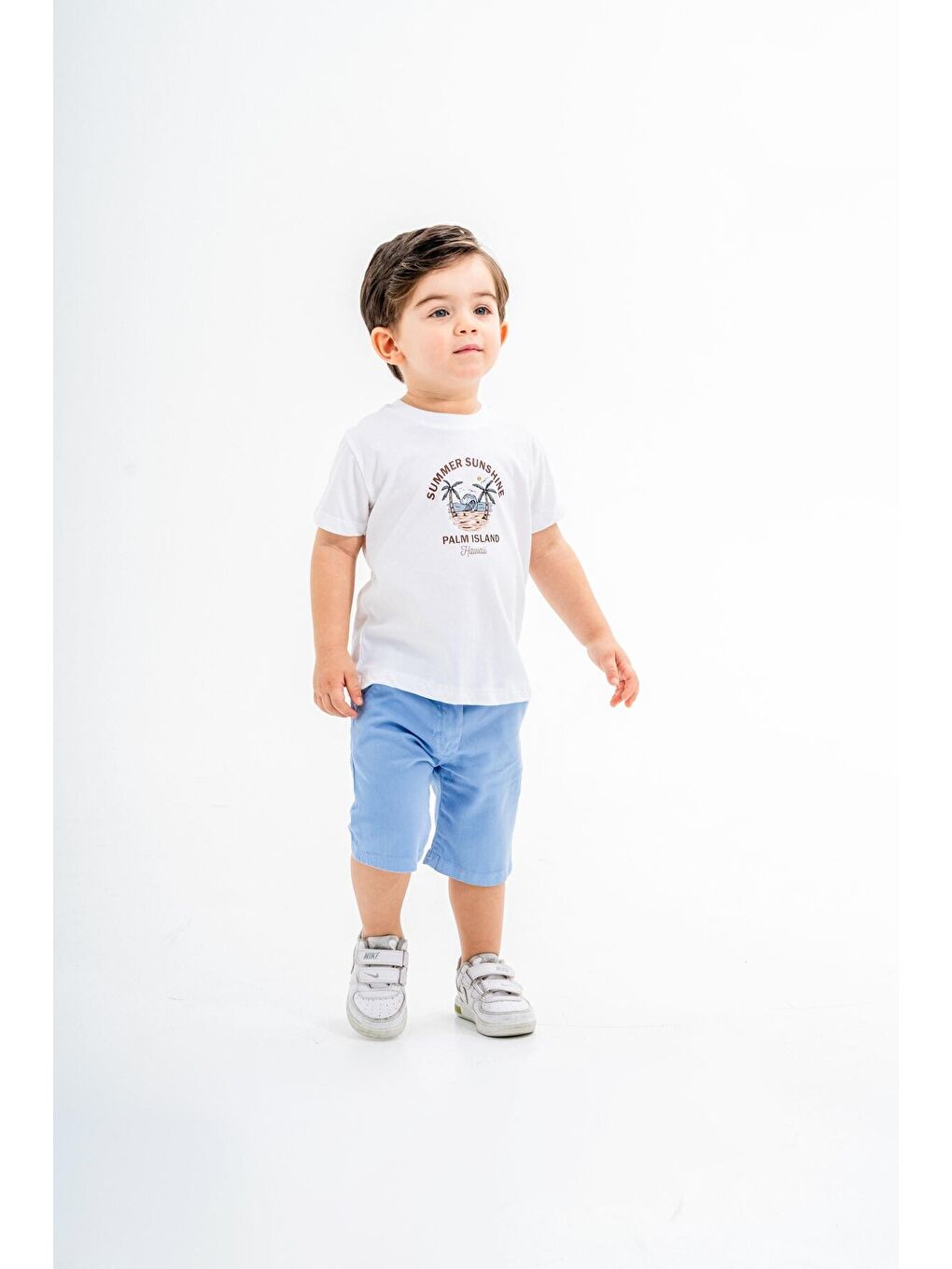 Mavi Tarz Gömlekli Çizgili Belden Ayarlanabilir Kısa Kollu Şortlu 3'lü Takım-3