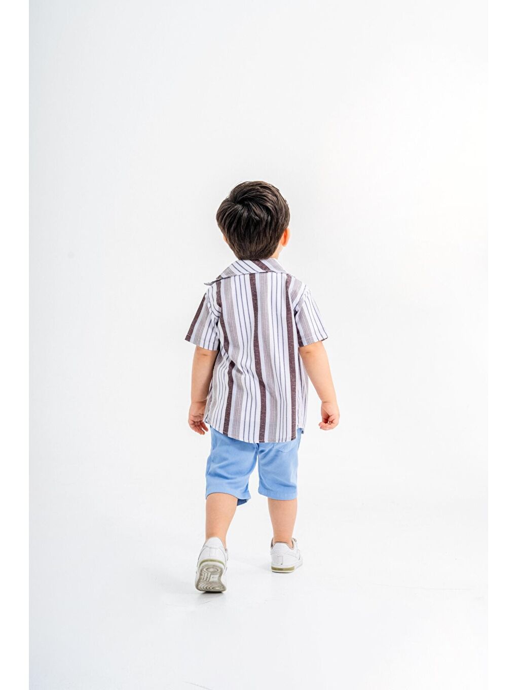 Mavi Tarz Gömlekli Çizgili Belden Ayarlanabilir Kısa Kollu Şortlu 3'lü Takım-4