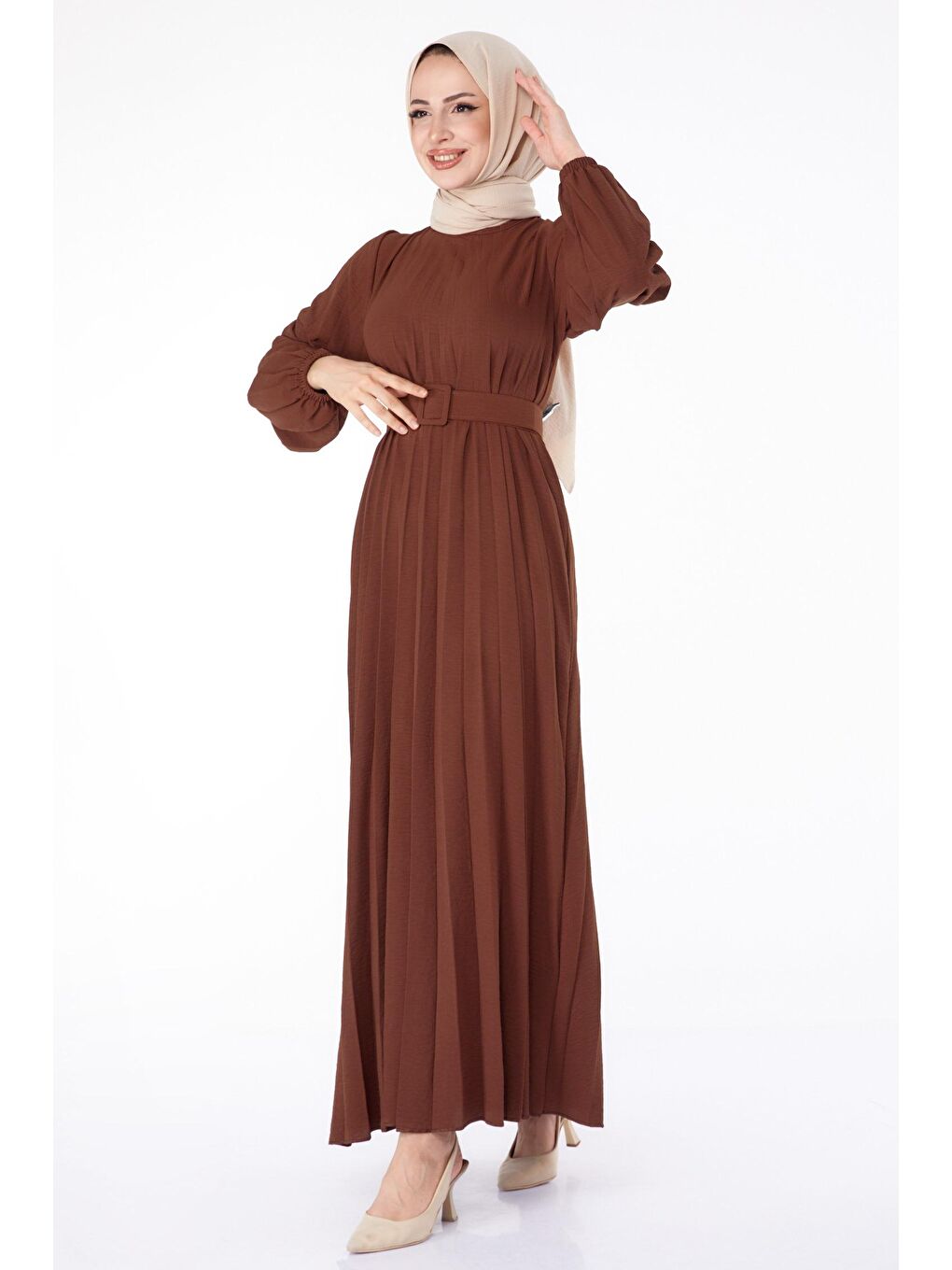 Bisiklet Yaka Kadın Kahverengi Piliseli Tesettür Elbise- 25381