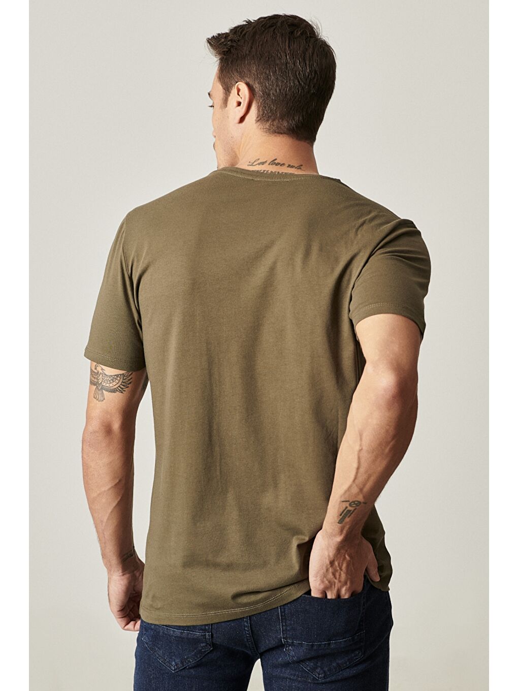 Erkek Siyah-Haki-Gri Melanj Slim Fit Bisiklet Yaka 3'lü Düz Tişört Paketi-3