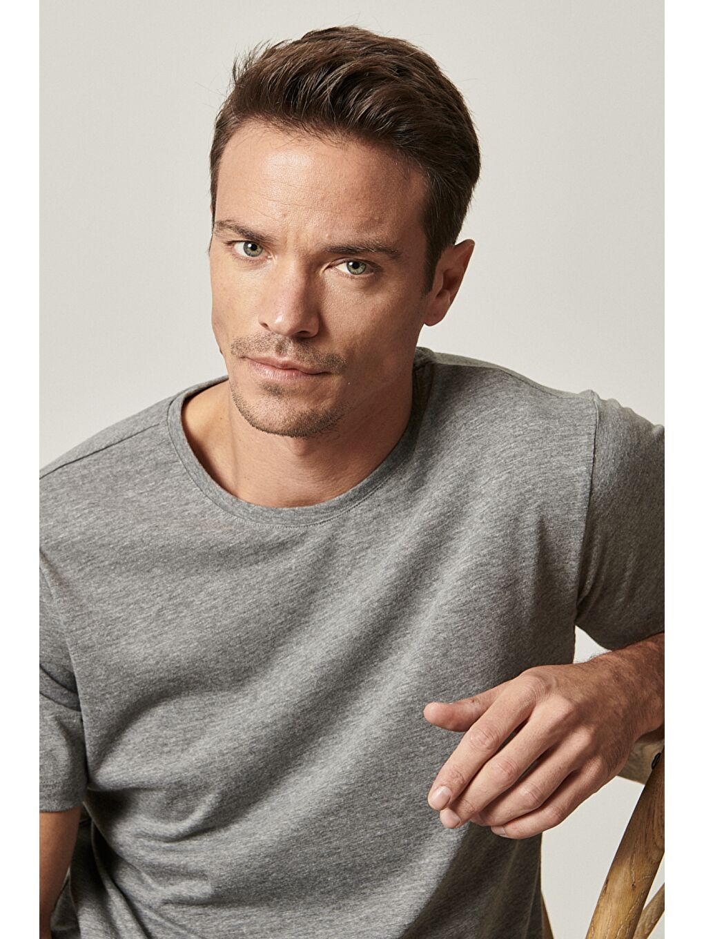 Erkek Siyah-Haki-Gri Melanj Slim Fit Bisiklet Yaka 3'lü Düz Tişört Paketi-4