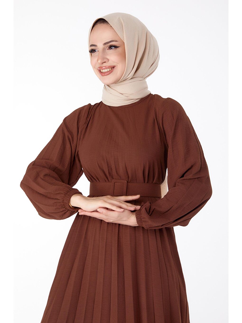 Bisiklet Yaka Kadın Kahverengi Piliseli Tesettür Elbise- 25381-1