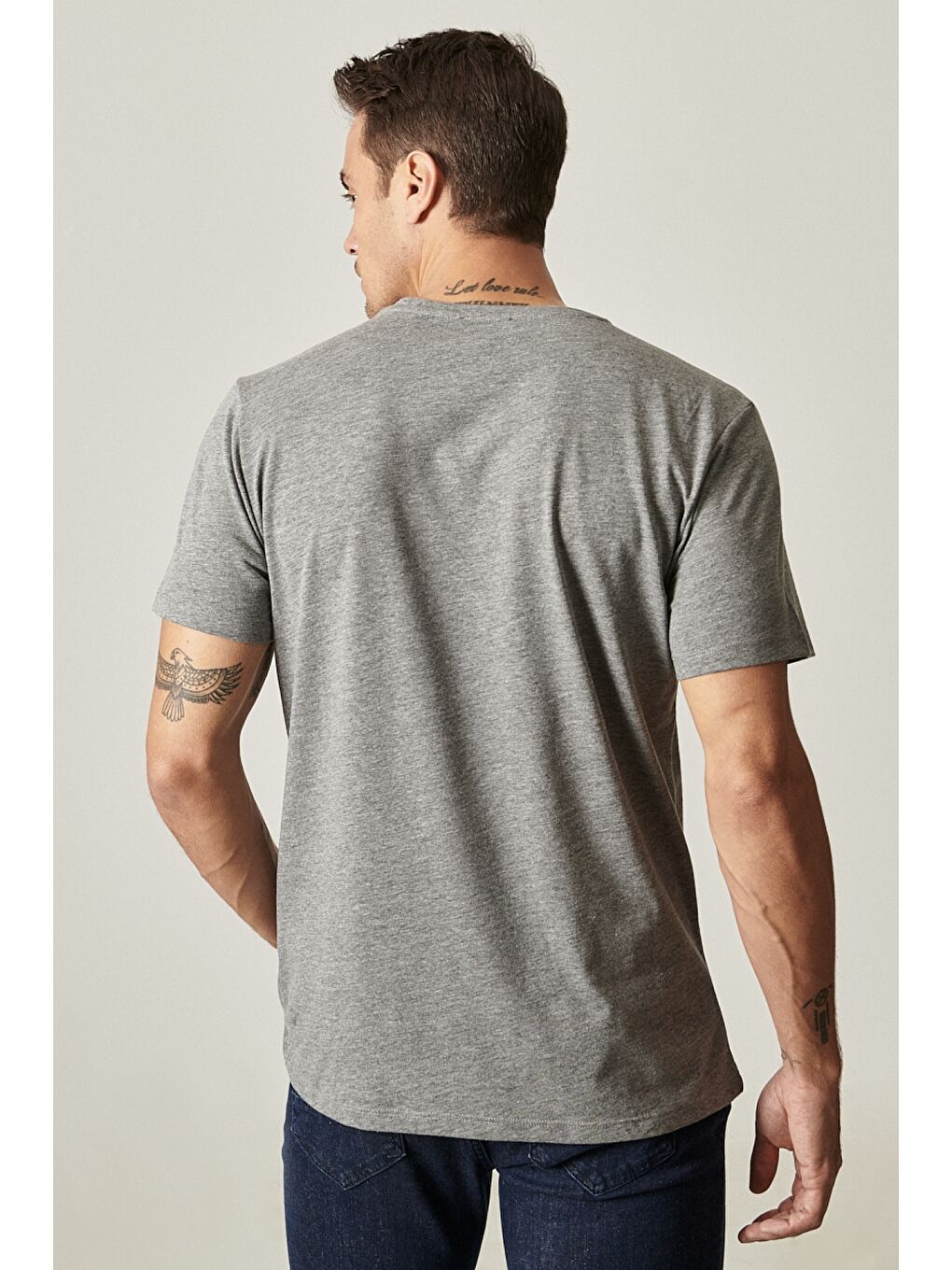 Erkek Siyah-Haki-Gri Melanj Slim Fit Bisiklet Yaka 3'lü Düz Tişört Paketi-5