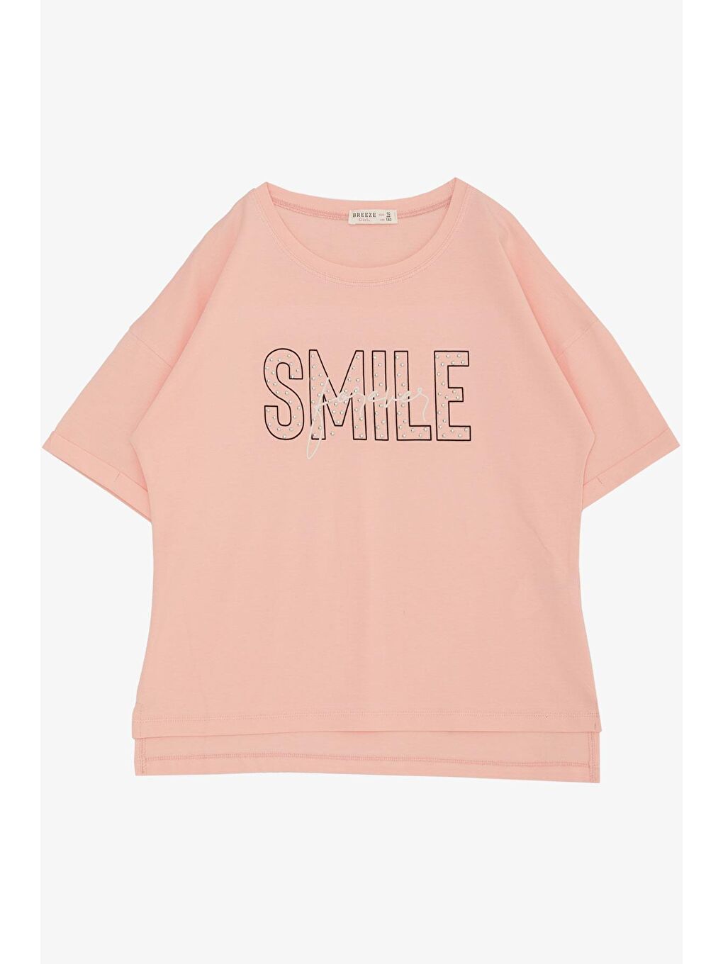 Pembe Kız Çocuk Tişört Smile Yazı Baskılı Taşlı Somon (9-16 Yaş)