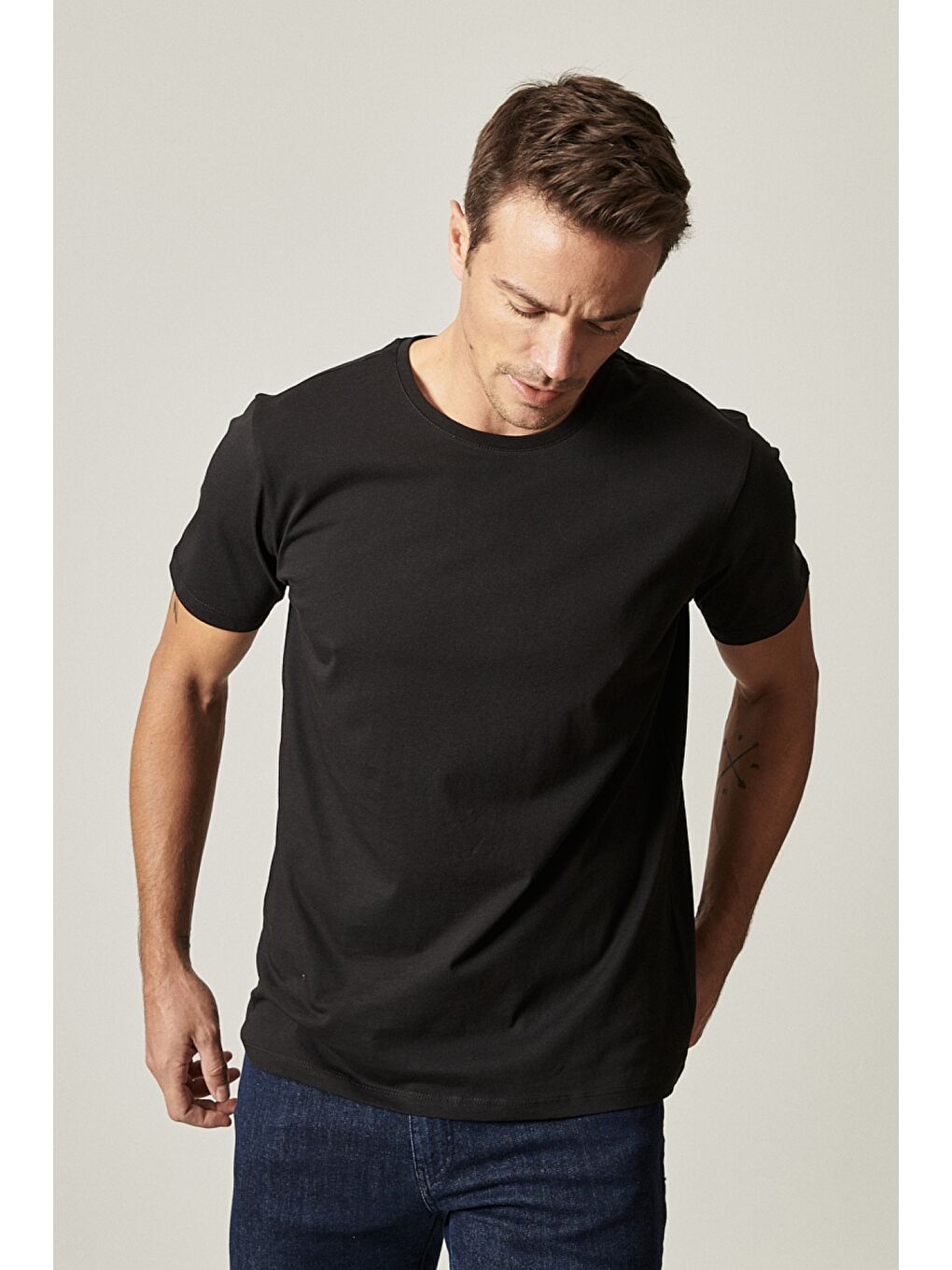 Erkek Siyah-Haki-Gri Melanj Slim Fit Bisiklet Yaka 3'lü Düz Tişört Paketi-6