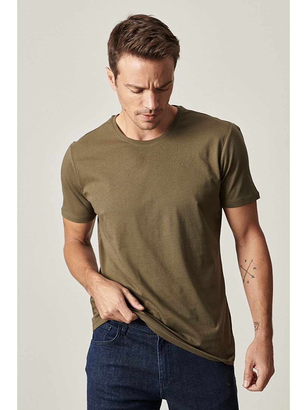 Erkek Siyah-Haki-Gri Melanj Slim Fit Bisiklet Yaka 3'lü Düz Tişört Paketi-7