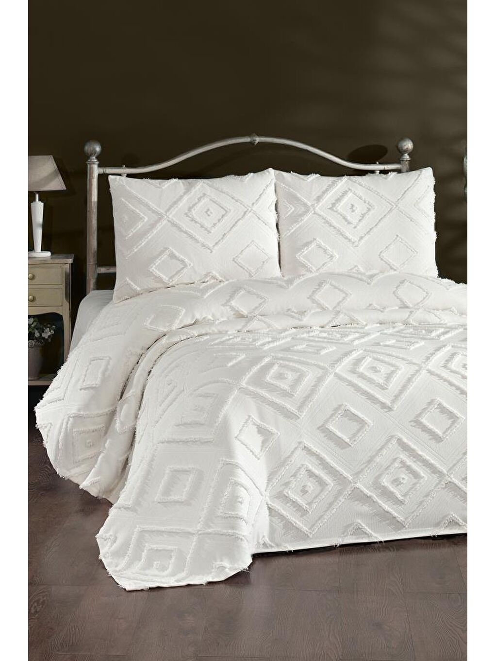 Ekru Samira 3 Parça Çift Kişilik Pike Takımı Krem