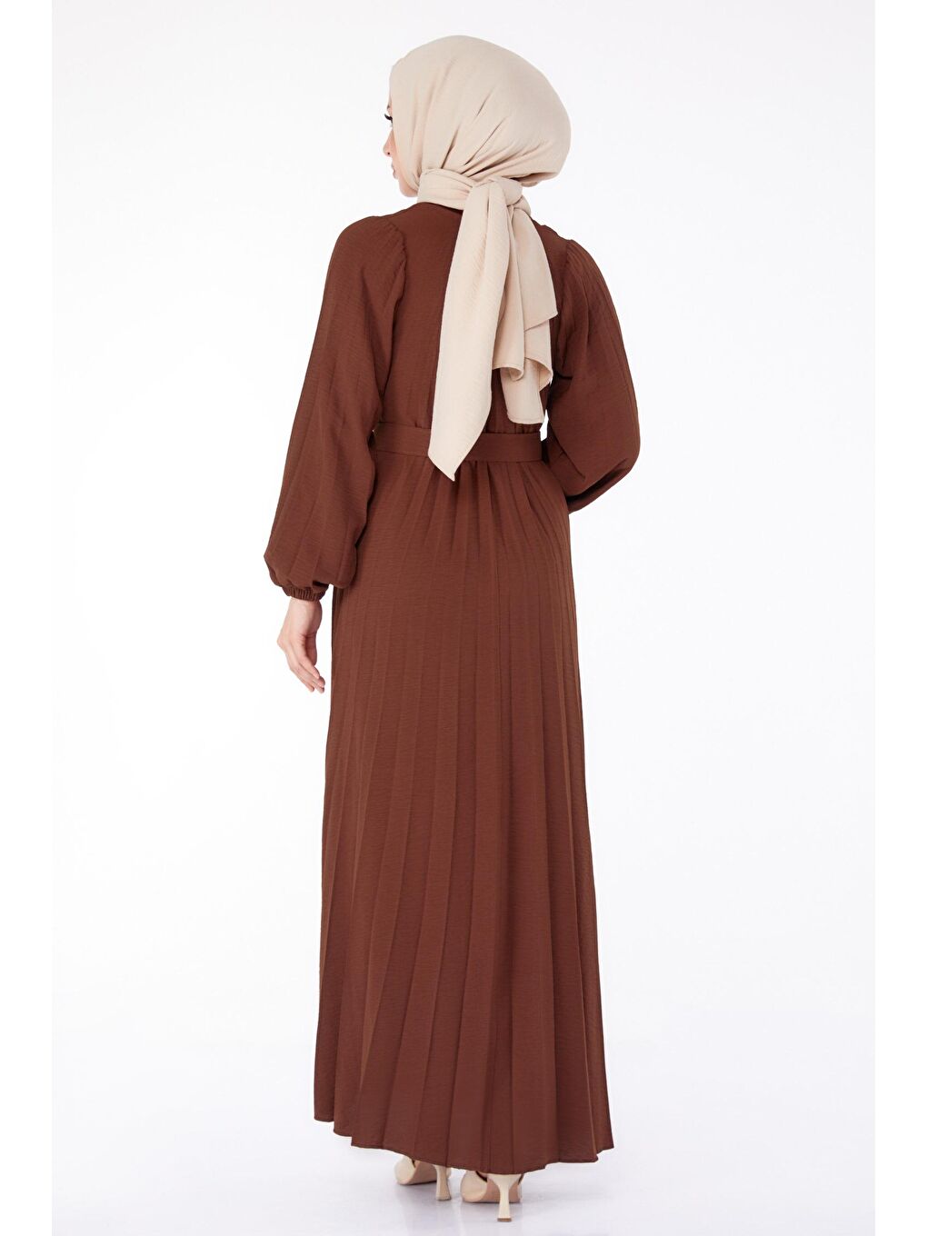 Bisiklet Yaka Kadın Kahverengi Piliseli Tesettür Elbise- 25381-3