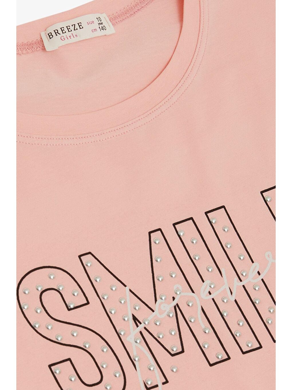 Pembe Kız Çocuk Tişört Smile Yazı Baskılı Taşlı Somon (9-16 Yaş)-2