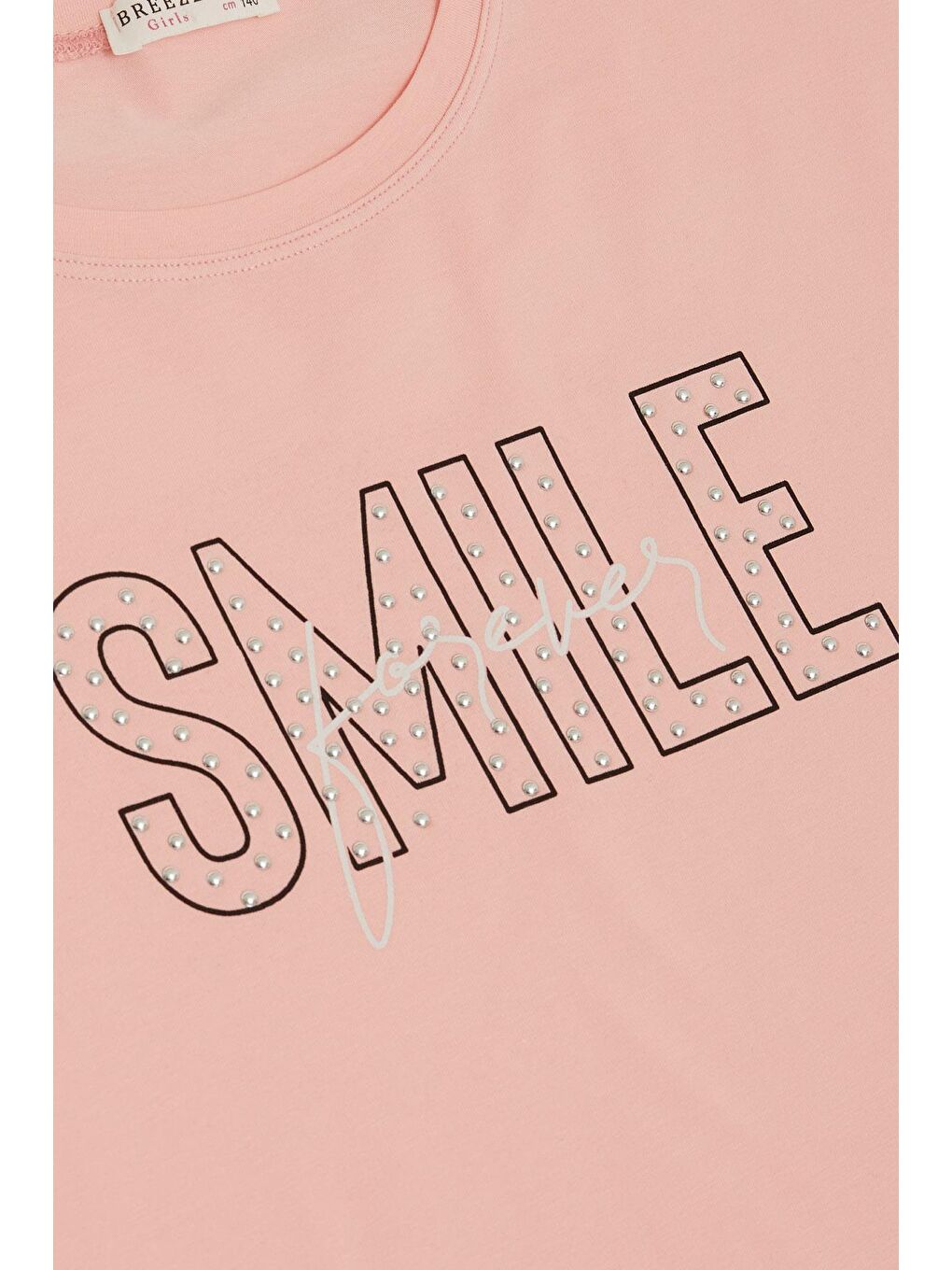 Pembe Kız Çocuk Tişört Smile Yazı Baskılı Taşlı Somon (9-16 Yaş)-3