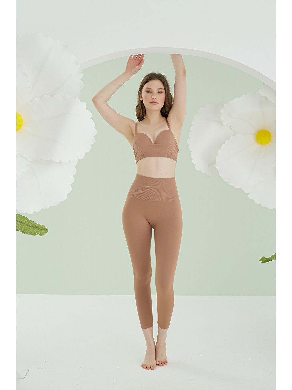 Bej Vizon Dikişsiz Yüksek Bel Toparlayıcı Tayt-3