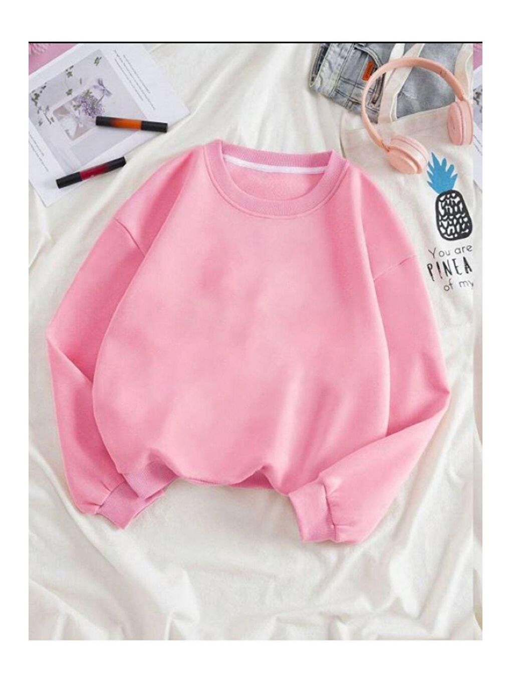 Trendseninle Pembe Kadın Pembe Düz Bisiklet Yaka Sweatshirt