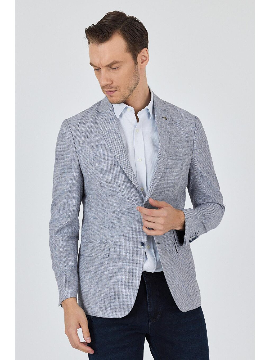 Lacivert Kazayağı Desen Bez Ayağı Mono Yaka Yarım Astar Keten Karışımlı 6 Drop Slim Fit Ceket 1002250102