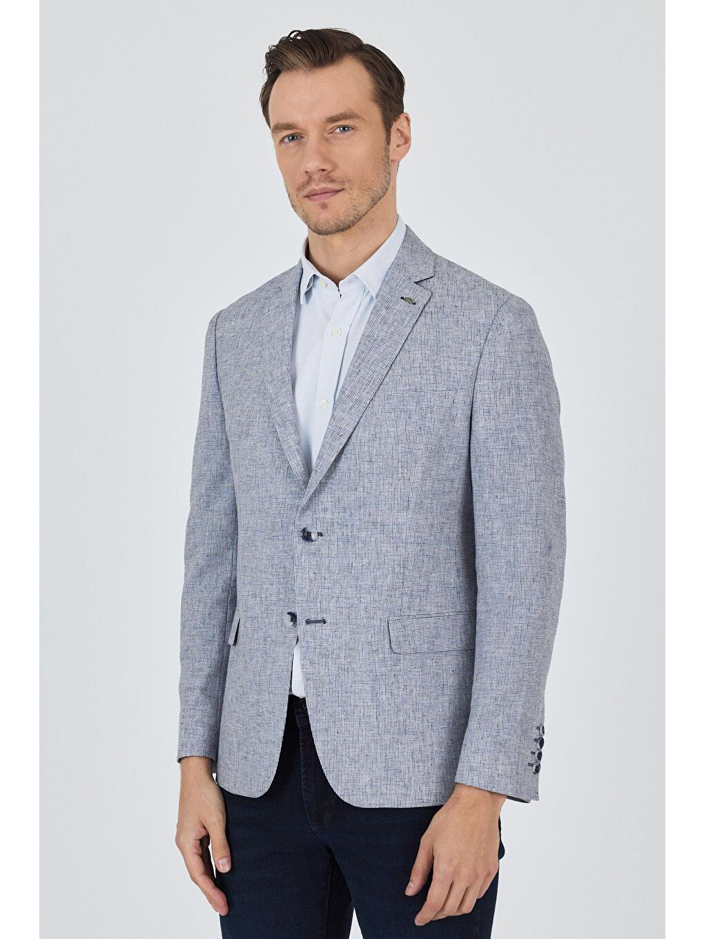 Lacivert Kazayağı Desen Bez Ayağı Mono Yaka Yarım Astar Keten Karışımlı 6 Drop Slim Fit Ceket 1002250102-2