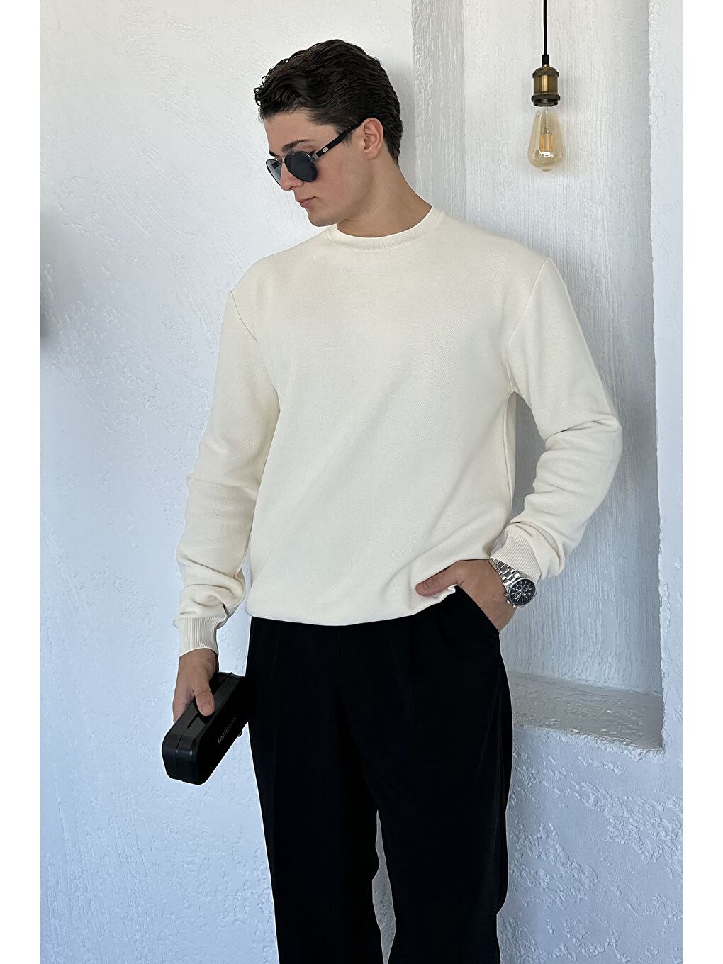 Ekru Bisiklet Yaka Erkek Triko Kazak