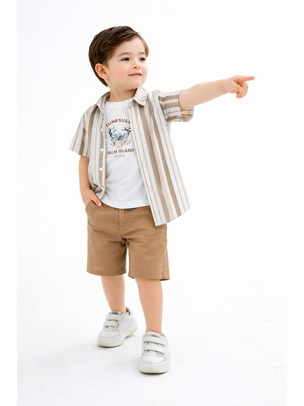 Ekru Tarz Gömlekli Çizgili Belden Ayarlanabilir Kısa Kollu Şortlu 3'lü Takım-1