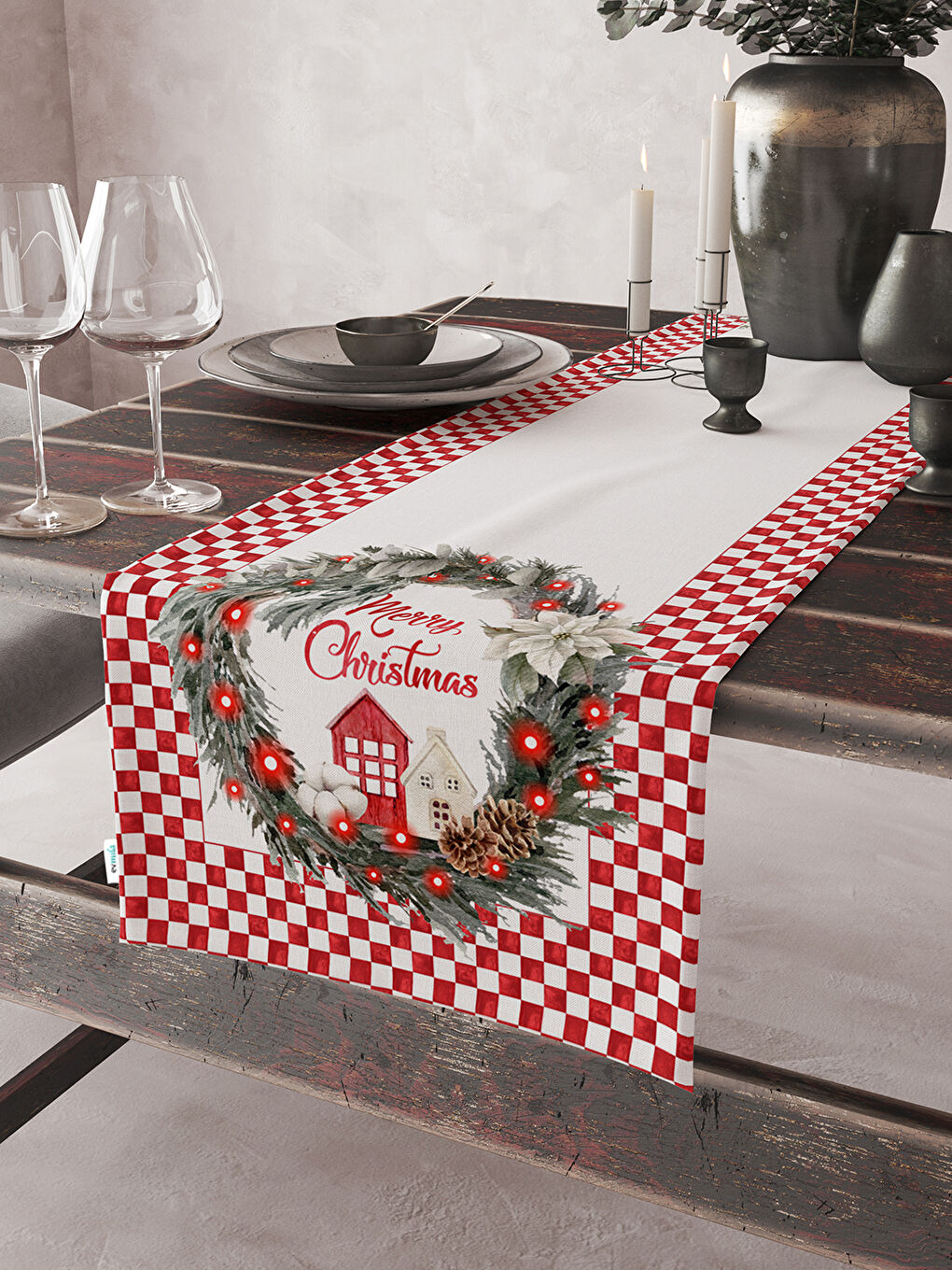 Kırmızı Kadife Dokulu Yılbaşı Temalı Runner 40x140 cm