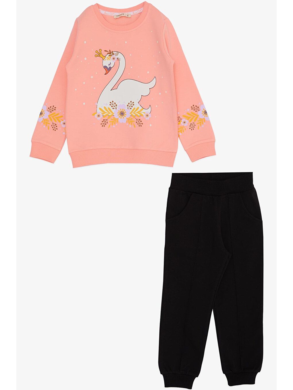 Pembe Kız Çocuk Eşofman Takım Prenses Kuğu Baskılı Çiçekli Somon (3-5 Yaş)