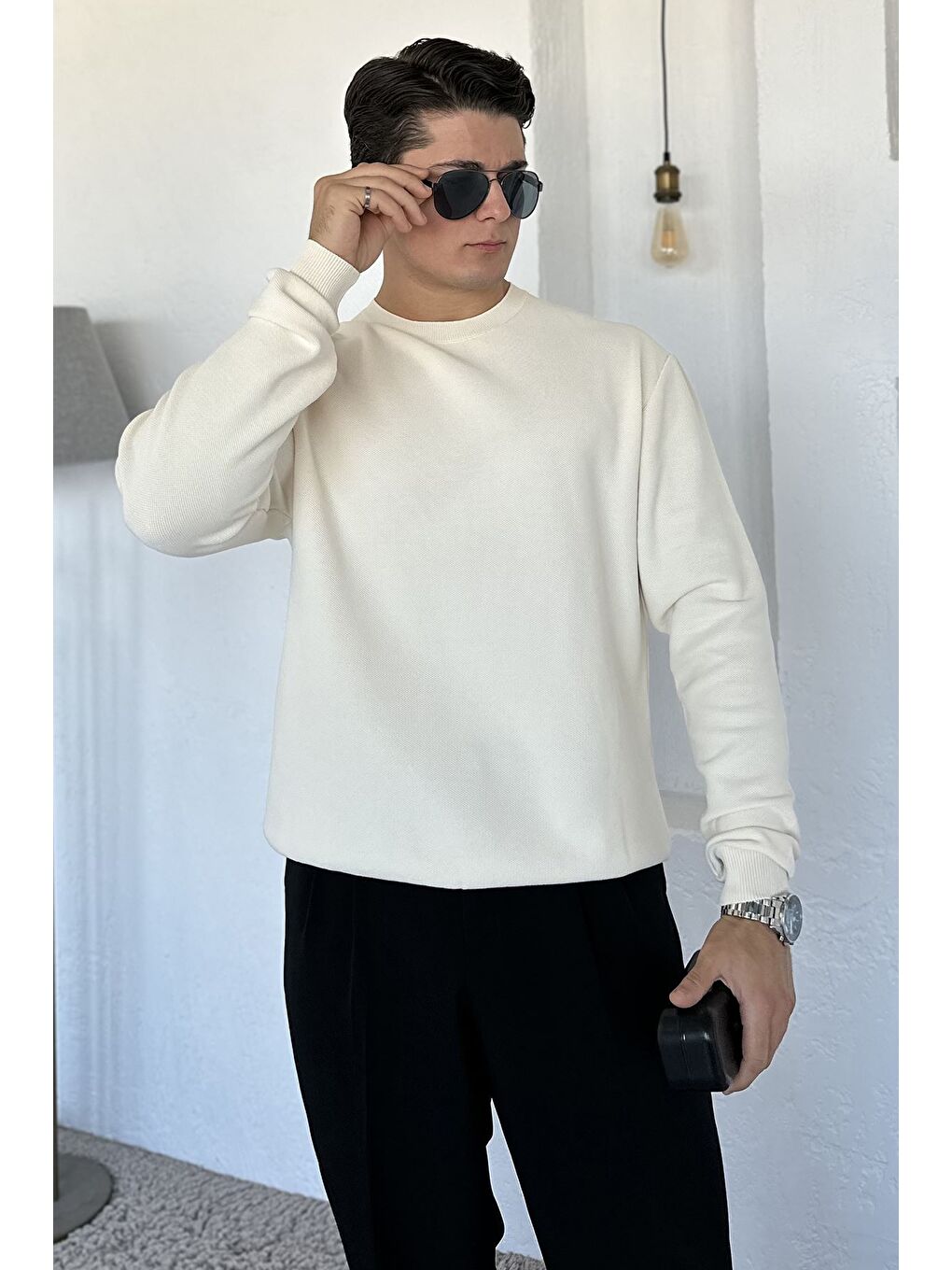 Ekru Bisiklet Yaka Erkek Triko Kazak-1