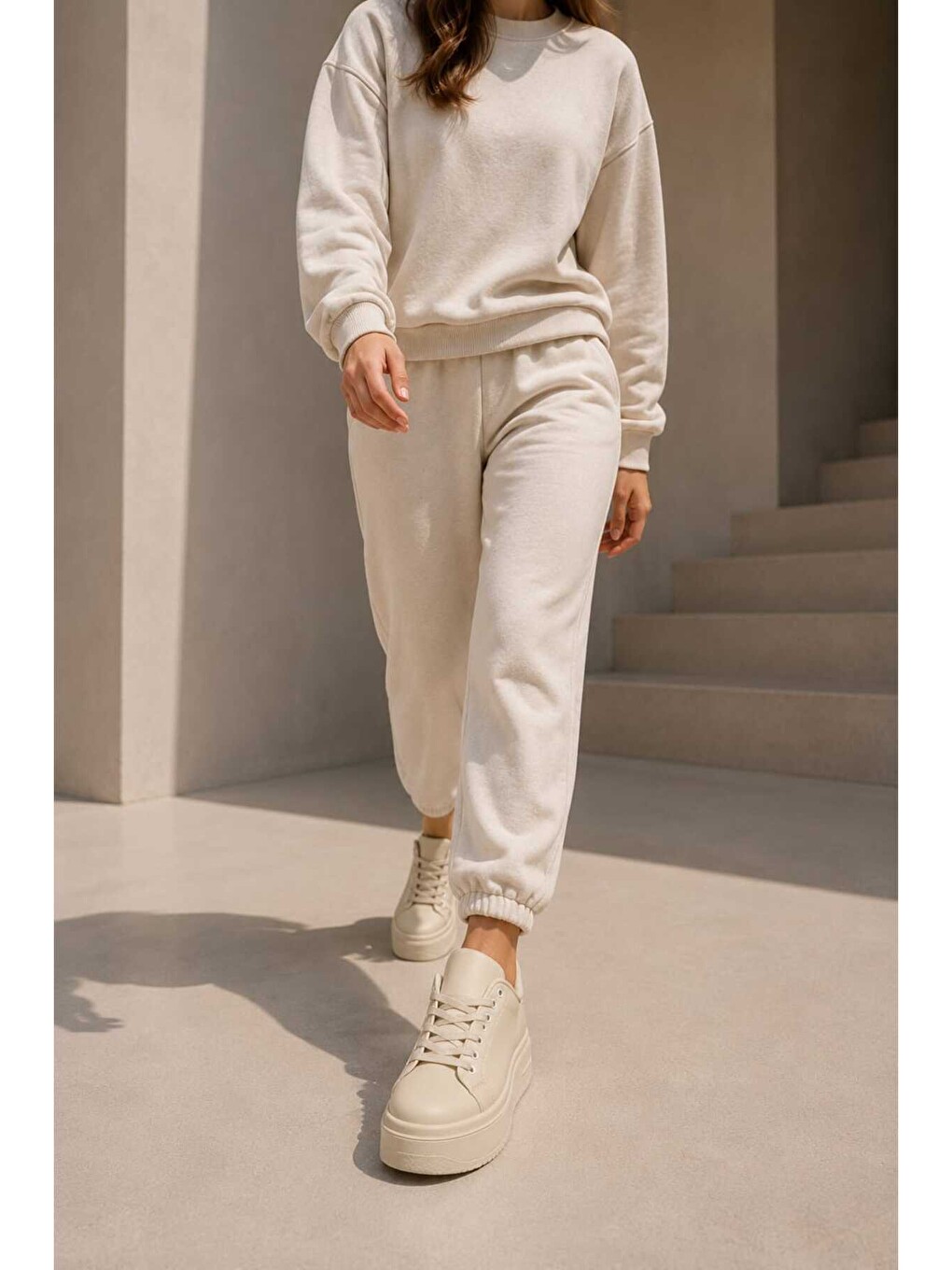 Ekru Kadın 5 Cm Topuklu, Kalın Platform Tabanlı, Bağcıklı Sneaker-2