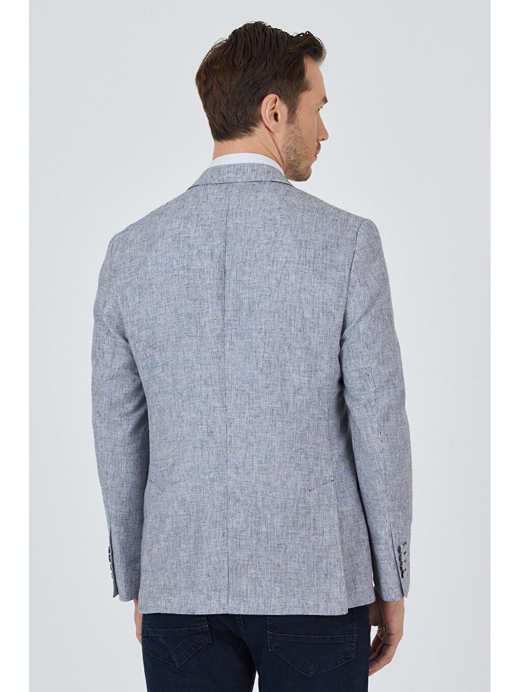 Lacivert Kazayağı Desen Bez Ayağı Mono Yaka Yarım Astar Keten Karışımlı 6 Drop Slim Fit Ceket 1002250102-4