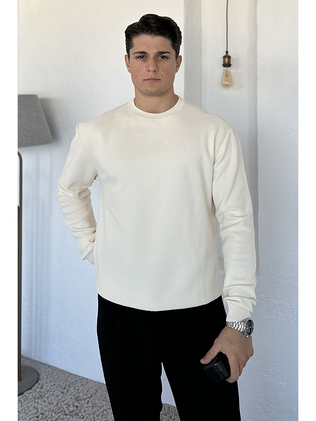 Ekru Bisiklet Yaka Erkek Triko Kazak-2