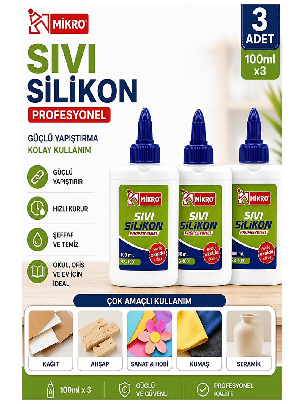 Sıvı Silikon Yapıştırıcı 100 Ml 3 Adet Mikro Silikon Yapıştırıcı Sıvı 100 Gr Plastik Cam Mermer Kağı