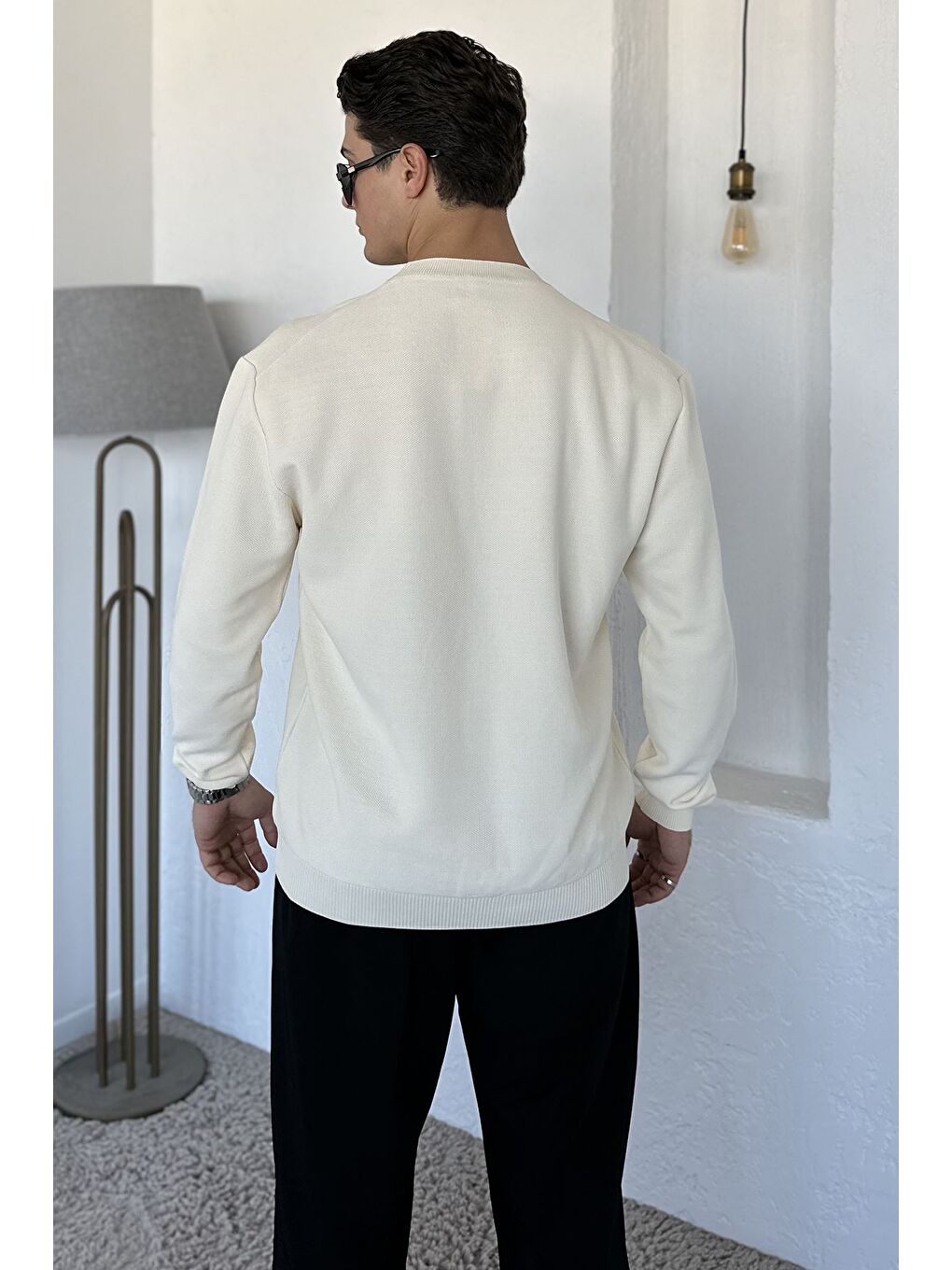 Ekru Bisiklet Yaka Erkek Triko Kazak-3